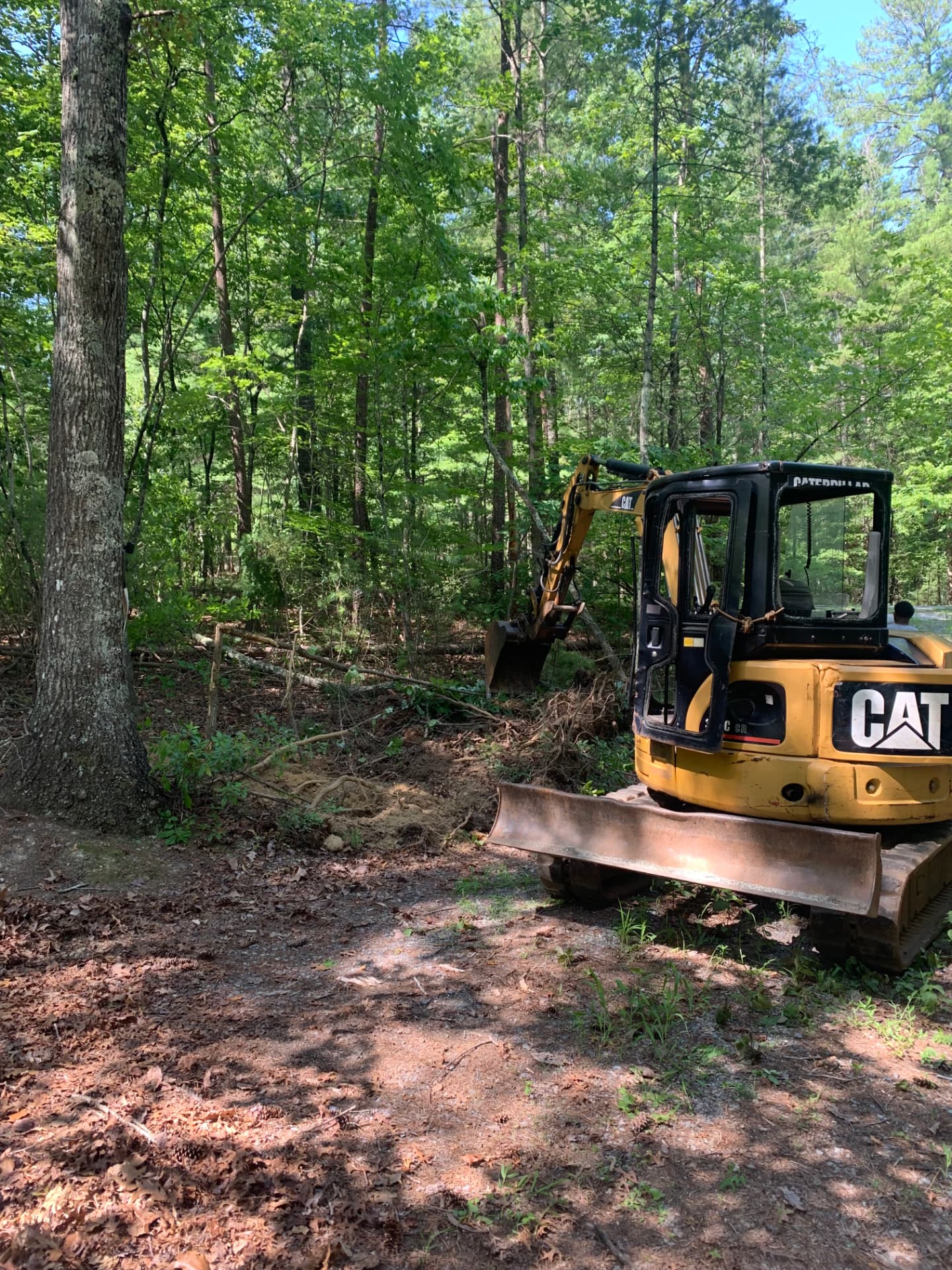 Mini excavator clearing brush and stumps along a wooded tree line
